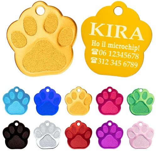 Ibera gifts - Medaglietta Cane Personalizzata a Forma di Zampa in Alluminio Lucido, Targhetta Cane con Incisione, Fino a 4 Righe di Testo, Perfetta per Animali di Piccola e Media Taglia (D'oro)