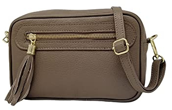Mauro Pelletteria Damen Handy Umhängetasche aus echtem Leder – 100% Made in Italy – Klein, mit 2 Fächern – Verstellbarer Schultergurt – Premium Handarbeit aus Florenz (Taupe)