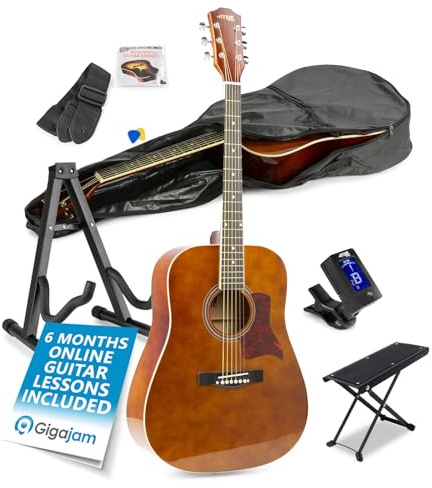 Acoustic Guitar Starter Kit for Beginners with Stand, Footrest & 6 Months Lessons – Complete Starter Acoustic Guitar Package for Adults & Teens, Ideal Beginner Acoustic Guitars Set