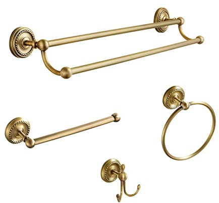 4 Piece Antique Brass Gold Bathroom Accessories Set - 24” Towel Holder, Antique Bar Brass Bath Accessories - Wall Mounted Bathroom Hardware Accessory Set