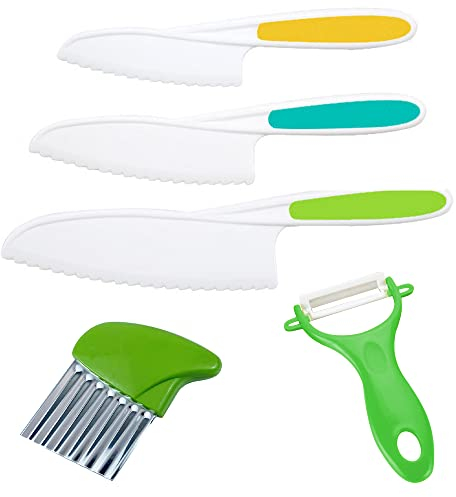 GIGIIS Kindermesser Wellenschneider kinder Y-Schäle 5er Set Kunststoff Sicher Kochzubehör Kochutensilien Kinder für Gemüse Obst Salat Kuchen Brot Gemüse