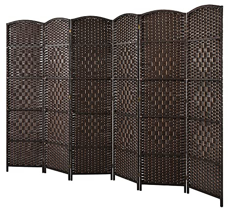 CASART 6 Panel Room Divider, Folding Wooden Privacy Screen, Hand-woven Rattan, 271 x 180cm Freestanding Partition Screens for Bedroom Living Room Office (Brown)