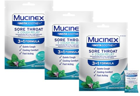 Mucinex InstaSoothe Sore Throat + Cough Relief Alpine Herbs & Mint Flavor, Fast Acting, Cooling Comfort, Powerful Sore Throat Oral Pain Reliever, 40 Medicated Drops (40 Count (Pack of 3))