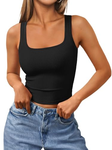 Trendy Queen Women's Summer Square Neck Tank Tops Workout Cropped Ribbed Summer Camisole Sleeveless Clothes 2026 Black L