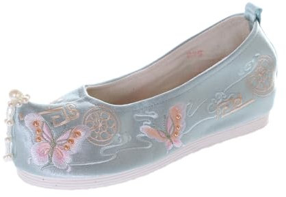 BJ-002-2 Ballerine en tissu chinois Motif papillon Bleu clair brodé Vintage Hanfu Ballerine en tissu chinois Chaussures à enfiler Escarpins antidérapants, Rose, 39 EU Étroit
