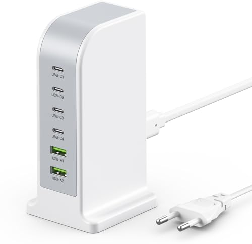 Cargador USB C, Multi-Port USB Charger【4 USB-C + 2 USB-A】 Cargador Multiple para iPhone 16 15 14 13 12/Samsung S25/S24 Ultra/Google/iPad/Smartphone