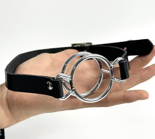 Deep Throat Mouth Open GagMouth Gag Open Ring for Sex Fetish BDSM Oral Sex Leather Strap Stainless Steel Dual Rings (Silvery)