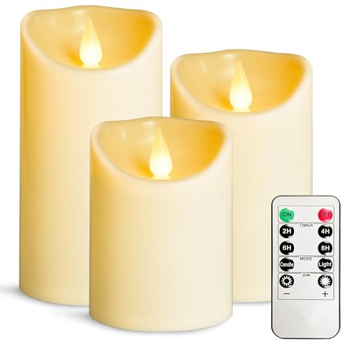 VETOUR LED Flameless Candles of 3 Pieces, D3.15 x H4 5 6 Inch Battery Operated Flickering Candle for Outdoor Use with Timer Remote Control for Balconies, Outdoor Lanterns, Indoor, Birthdays