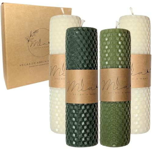 Set di candele aromatiche artigianali 100% cera d'api naturale - Durata di 40 ore Candele a pilastro senza fumo (11 x 4cm, Pino)