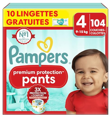 Pampers Premium Protection Pants Taille 4, 104 Couches, 9-15kg, Avec Maintien 360° et Matières Ultra-Douces Pour Notre Meilleur Confort Et Protection + 10 Lingettes Harmonie Aqua Gratuites