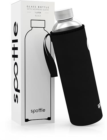 spottle® Glass Bottle 1 Litre – Borosilicate, BPA-Free, Leakproof, with Black Neoprene Cover & Carry Sleeve