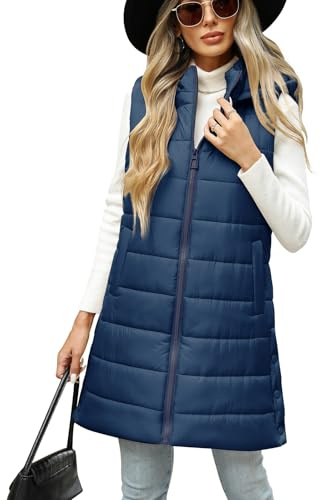 CMTOP Gilet Donna Lungo con Cappuccio Leggero Trapuntato Smanicato Cappotto Elegante Zip Giacca Autunno Invernale Cotone Caldo Giubbotto Casual Imbottito Parka da Esterno con Tasca(Blu Navy, XXL)