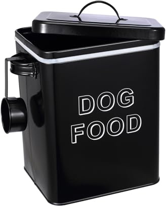 ZoeQide Recipiente para comida para perros de metal, 5 L, con tapa y cuchara medidora, hermética, caja de comida seca blanca, apto para comida de mascotas, aperitivos y cocina, color negro