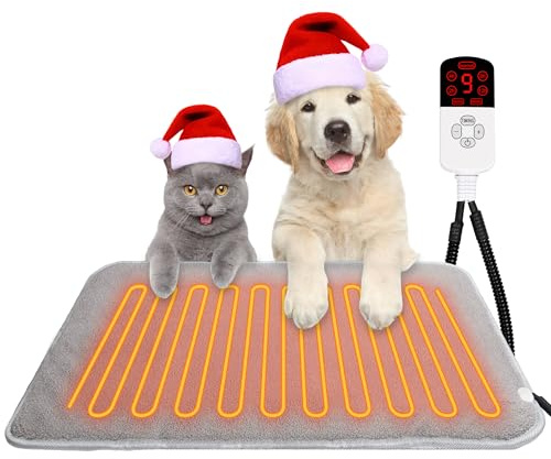 TEOV Tapis chauffant pour animal domestique 60 x 90 cm, avec 4 réglages de synchronisation et température de 20 °C à 55 °C, tapis chauffant imperméable et sûr pour animal domestique pour chat et chien