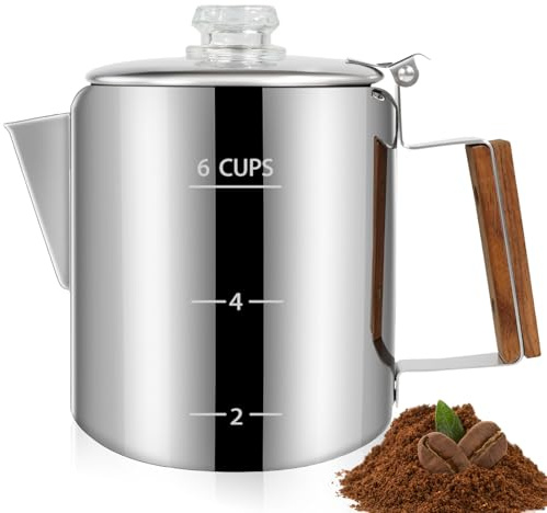 DITOSH 6 Cup Percolator 304 Stainless Steel Coffee Pot Coffee Maker Coffee Machine with Solid Wood Handle Transparent Knob Stovetop Greca Mocha for Induction Home and Camping 1000ml 33.8oz
