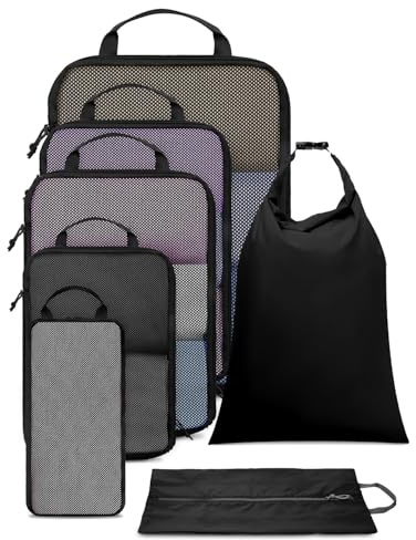Ceneda 7-Teilige Koffer Organizer Set, Compression Packing Cubes Backpack Packwürfel Rucksack Kofferorganizer Packtaschen Set Kompression für Koffer, Travel Essentials Organizer (Schwarz)
