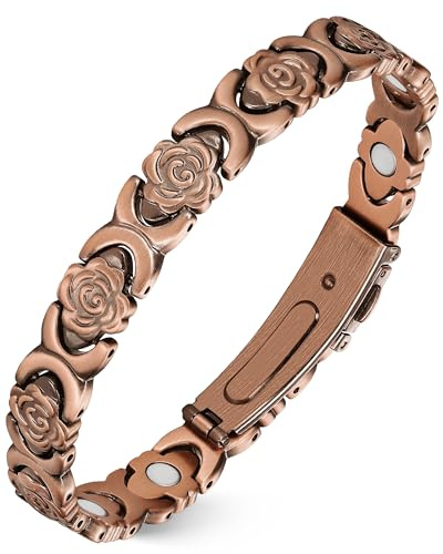 Jeracol Bracelets en cuivre pur pour femme, bracelet magnétique ultra résistant avec aimants en néodyme et design rose, bijoux réglables, Cuivre