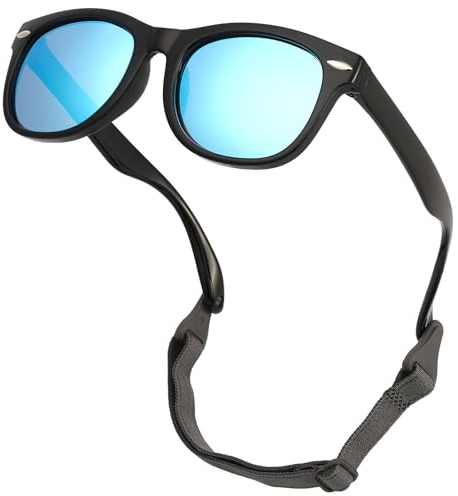 LOJUDI Polarisées Lunette Soleil Bebe 0-24 Mois - avec Cordon Ajustable Monture Flexible en TPEE Protection UV400 Lunettes de Soleil Bébé 0 a 2 Ans Garçon Fille - Noir/Bleu