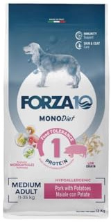 Forza 10 Cane Medium Adult MONO gusto MAIALE con PATATE alimento completo monoproteico per cani adulti di taglia media, ipoallergenico, confezione da 12kg.