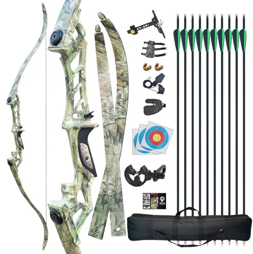D&Q Recurvebögen Set Erwachsene 30-70Lbs Takedown Pfeil und Bogen Jagd Schieß Bogenschießen Training für Rechte Hand (Tarnung 60lb)