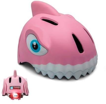 Casco de Bicicleta para niño Crazy Safety | Casco de Bici para niño de 2 a 7 años para Skate, Bicicleta, Patinete, monopatin| Casco de Animal 3D Ligero y Ajustable 49-55 cm (Tiburón Rosa)