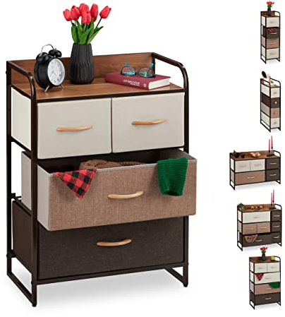 Relaxdays Schubladenschrank, 4 Stoff Fächer, Ablage, Schlafzimmer Nachtschrank, Minikommode HBT 79 x 58 x 31,5 cm, braun