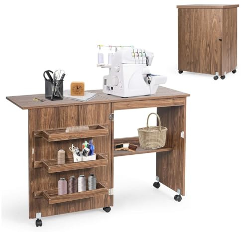 RELAX4LIFE Mesa de Costura Plegable con 5 Ruedas, 4 Estantes de Almacenamiento y Frenos, Mesa para Máquina de Coser de MDF, Mesa Multifuncional para Salón, Dormitorio, 118,5x40x79,5cm (Marrón)