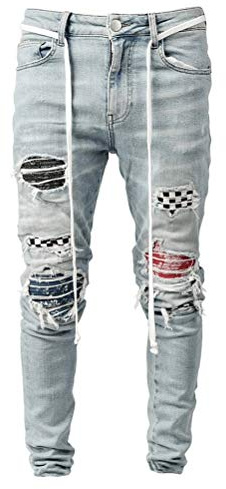 IDEALSANXUN Mens Ripped Stretch Jeans Casual Slim Fit Distressed Plaid Pattern Skinny Biker Jeans(Blue, 36)