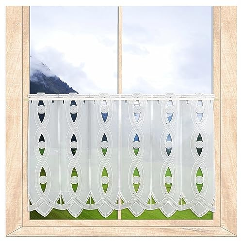 atelier alles-Spitze Scheibengardine Ginny in weiß-Taupe-anthrazit mit Spachtel-Ornament-Stickerei | Durchbrochene Kurzgardine | Höhe x Breite 85 x 80 cm