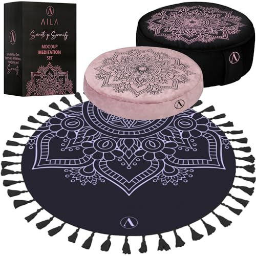 Aila Coussin de méditation Ergonomique Zafu avec Rembourrage en Sarrasin avec Housse Extra Lavable – Coussin de Sol pour Plus de Confort et de Soutien de Posture – Idéal pour Le Yoga, la Pleine