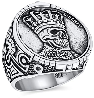 Anello Con Teschio A Corona Gotica In Stile Punk Rock Per Uomo Gioiello Da Motociclista Con Moneta Di Testa Di Aquila Liberty 1937 In Argento Sterling Ossidato .925