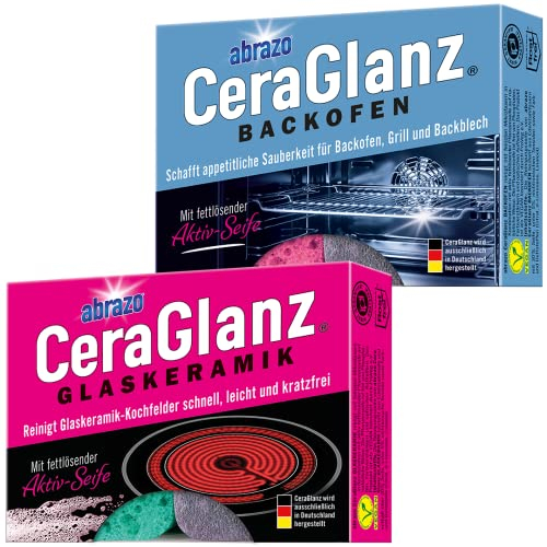 abrazo CeraGlanz Set - 2 Ceranfeldreiniger + 2 Backofenreiniger - verseifte Spülschwämme, Küchenschwamm für Glaskeramik, Backöfen, Backbleche & Roste