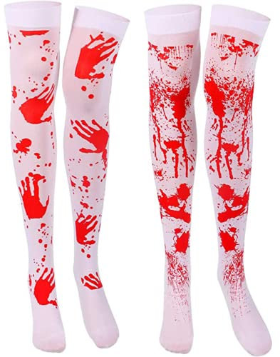 PANYI Femmes Bas Chaussettes Hautes pour Halloween Cosplay Costume, 2 Paires Faux Tube de Sang Zombie Écolière Halloween Déguisement, Dames Bas Tachés De Sang HALLOWEEN Cosplay Costume (70cm)