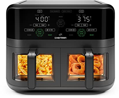 CHEFMAN 5,6 Liter Doppelkorb- Heißluftfritteuse mit Easy-View-Fenster, Sync-Finish, Hi-Fry, automatische Abschaltung, spülmaschinenfest, 2100W, digital - Schwarz