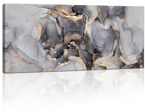 FajerminArt Stort canvastryck med ram, abstrakta, moderna bilder, canvasmålning, tavla för vardagsrum, sovrum, kök, restaurang, väggdekoration, marmor, grå, guld, 120 x 50 cm
