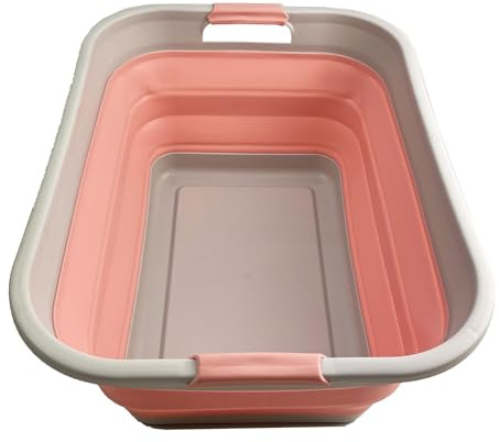 SAMMART 41L (10.8 gallon) Collapsible Plastic Laundry Basket - Foldable Pop Up Storage Container/Organizer - Portable Washing Tub - Space Saving (Grey/Quartz Pink, Rectangular)