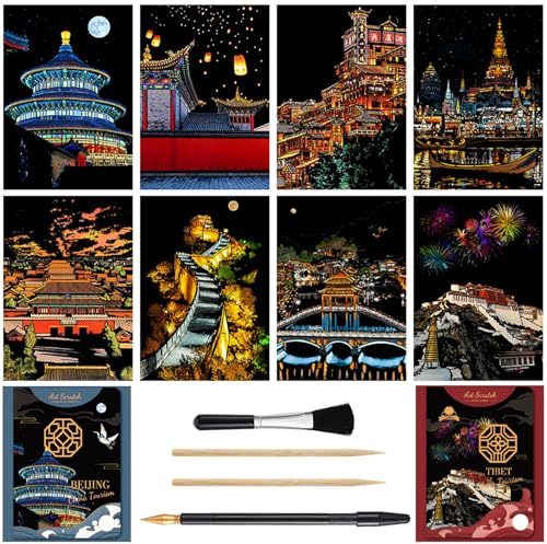 Rainbow Painting Scratch Art Pads Crafts Set, Engraving Painting Landscape Scratchboard for Adults - 8 Pieces with Scratch off Tool （The Forbidden City）