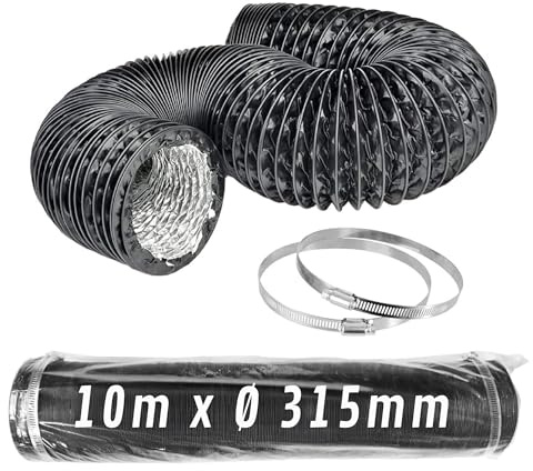 CONTROL GARDEN Tubo flessibile in alluminio colore nero Ø 315 mm lunghezza 10 m | condotto aria ventilazione + 2 morsetti in acciaio | tubo flessibile estrattore d'aria