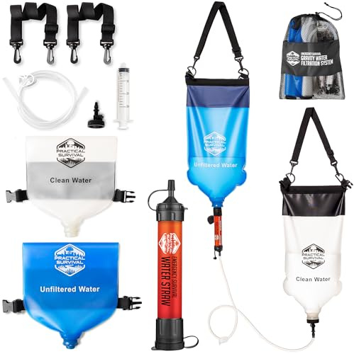 Practical Survival Gravity Water Filtration System – 2 High Capacity Lightweight Hanging Bags for Backpacking, Camping, Survival, Hiking, Hunting - Dirty, Clean Water Bags and Water Filter Included