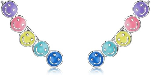 Sterling-Silber-Schmuck, Regenbogen-Emaille-Ohrstecker für Damen, 925er Sterling-Silber, stapelbare farbige Ohrringe mit lächelndem Gesicht für Mädchen, Schmuckgeschenk