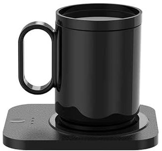 SHUZY Black Multifunctional Mug Warmer Set With Ceramic Cup and Lid - Wireless Charger, Temperature Control Smart Heated Mug Warmer with Ceramic Mug, Heated Mug Set