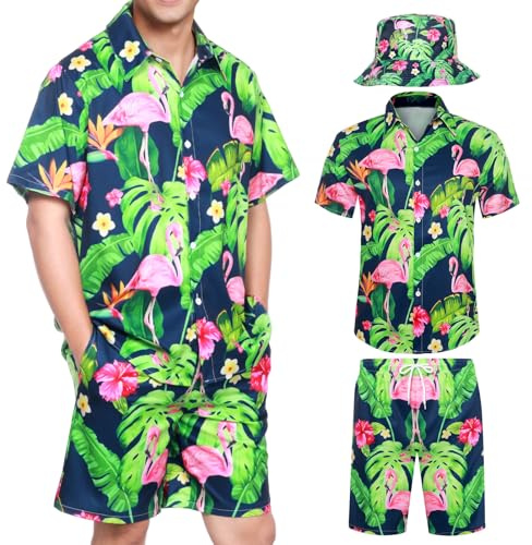 Joyesplay Hawaiian Shirt and Shorts Set for Men 3 Pcs,Funny Men's Beach Flamingo Print Shirts Set with Hat for Tropical Beach Holiday Shirts
