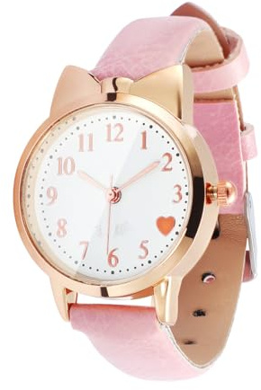 Hemobllo Montres-Bracelets pour Filles : Montre Analogique À Quartz pour Enfants avec Boîtier Rose Et Motif Chat - Joli Motif Cœur pour l'anniversaire des Filles