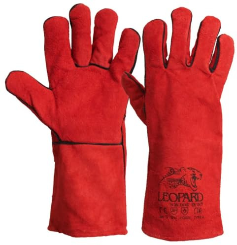 PROWELTEK – Guantes anticalor, talla 10, color rojo, guantes de protección de piel cruda de bovino, 15 cm, protección térmica para soldadura, metalurgia, fundición
