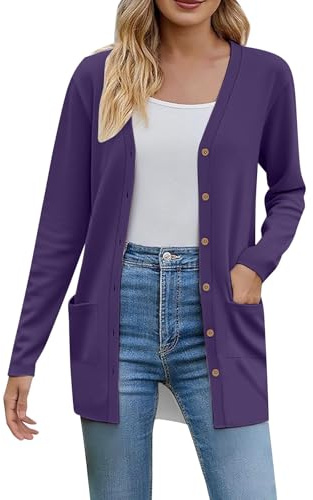 Cardigans for Women UK, Cardigans for Women UK Long Sleeve Button Down Lightweight Knit Shrugs Jumper with Pockets Casual Soft Solid Color Open Front Sweaters L Dark Purple