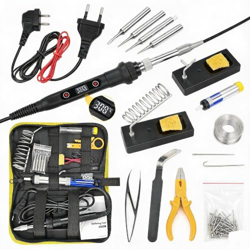 Cinowit Kit de fer à souder 80 W avec LCD et température réglable 180-520 °C | 5 pointes à souder, 50 g d'étain à souder, plateau, pince à épiler – Kit complet de soudure pour électronique