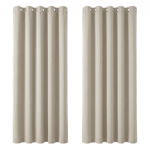 Deconovo Super Soft Eyelet Curtains Thermal Insulated Ring Top Room Darkening Curtains for Bedroom 66 x 90 Inch Light Beige 2 Panels