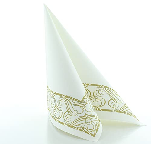 Sovie HORECA Serviette KARIMA in Gold aus Linclass® Airlaid, 40 x 40 cm, 50 Stück, Design: filigraner goldfarbener Ornamentrahmen – ideal für Gastronomie & Events