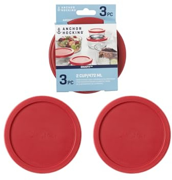 Anchor Hocking 3 Pack 30% Stronger Round Replacement Lids for 2 Cups/16oz/0.5qt Red