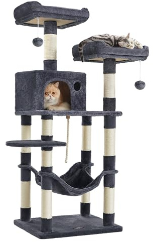 Feandrea Albero per Gatti Alto 143 cm, Tiragraffi per Gatti, con 11 Pali Graffiatoi, 2 Posatoi, 1 Grotta, 1 Amaca, 2 Pompon, in Peluche a Più Livelli, Grigio Fumo PCT15GYZV1